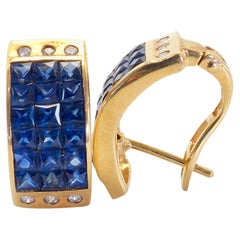 18K Gold 5ct Squared Blue Sapphire & 0.16ct Diamond Invincible Earrings