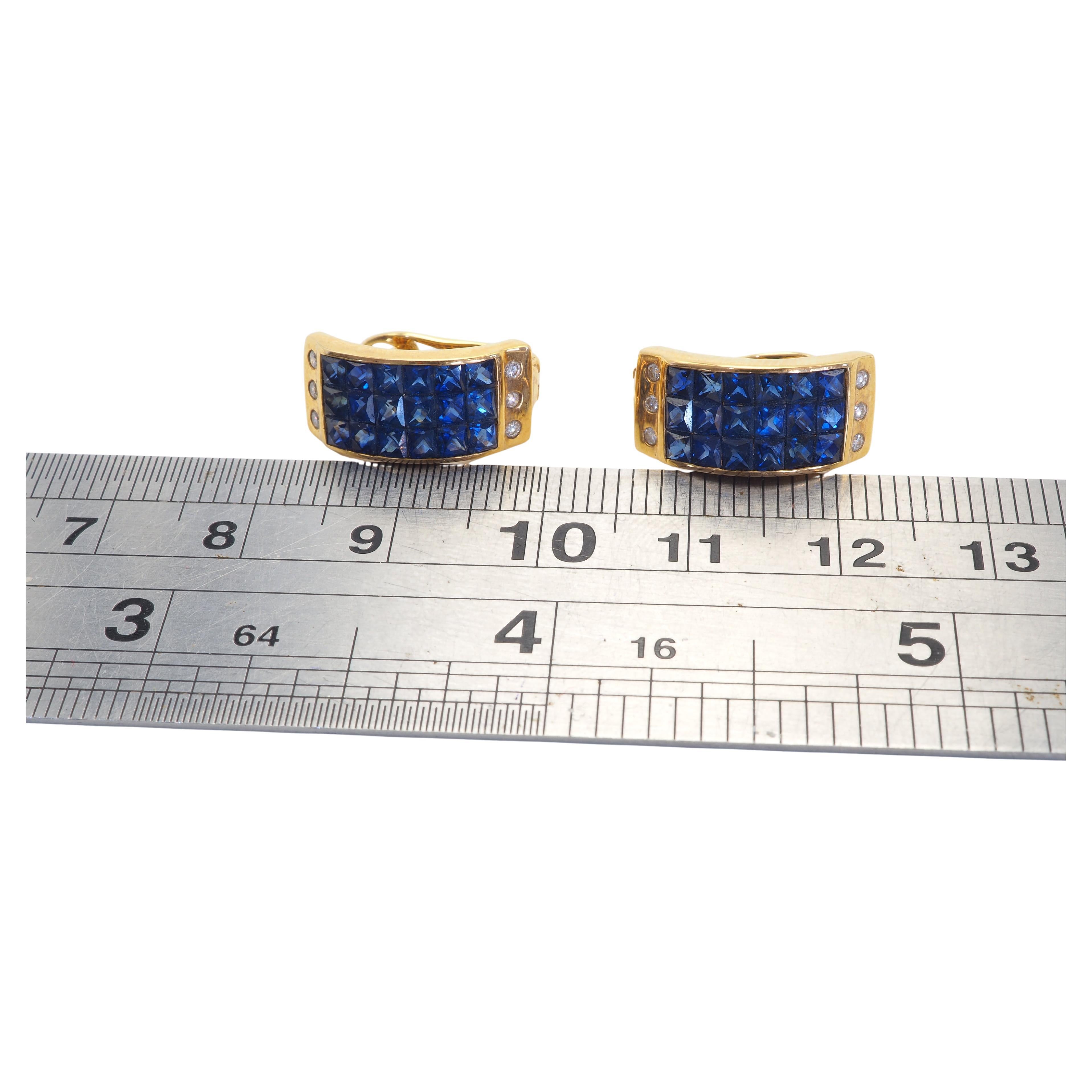 Art Deco 18K Gold 5ct Squared Blue Sapphire & 0.16ct Diamond Invincible Earrings For Sale
