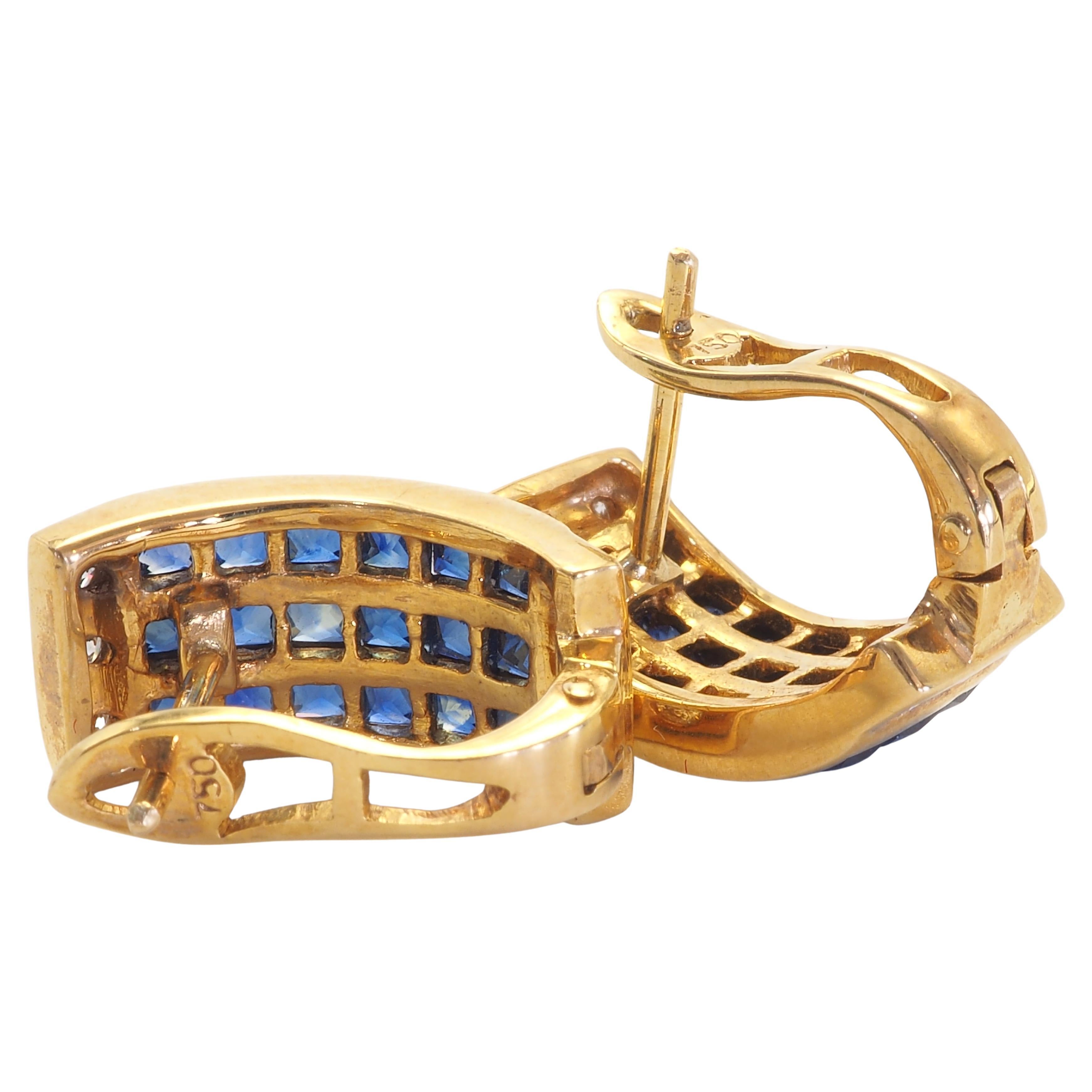 Square Cut 18K Gold 5ct Squared Blue Sapphire & 0.16ct Diamond Invincible Earrings For Sale