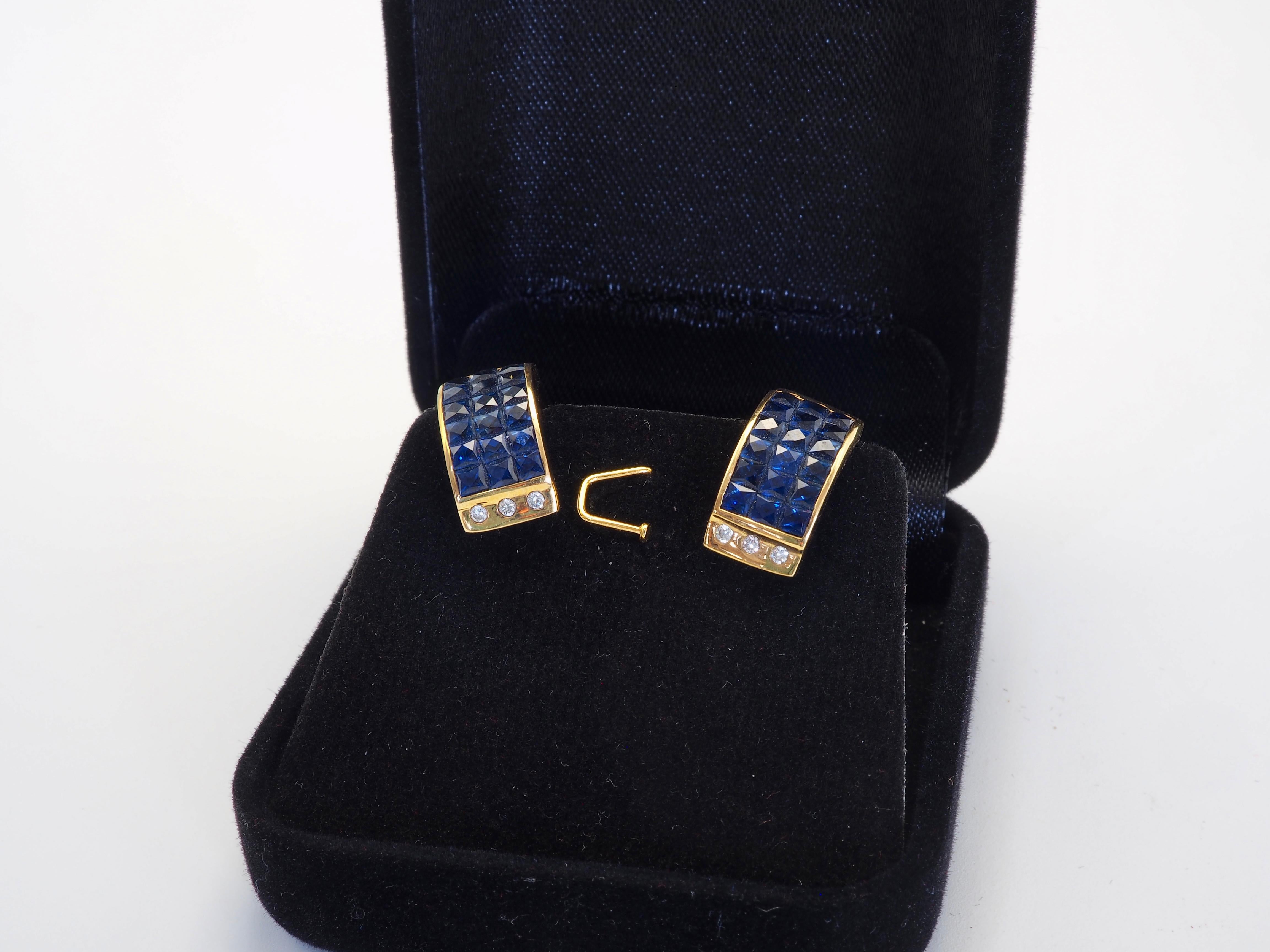18K Gold 5ct Squared Blue Sapphire & 0.16ct Diamond Invincible Earrings In Excellent Condition For Sale In เกาะสมุย, TH