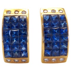 18K Gold 5ct Squared Blue Sapphire & 0.16ct Diamond Invincible Earrings