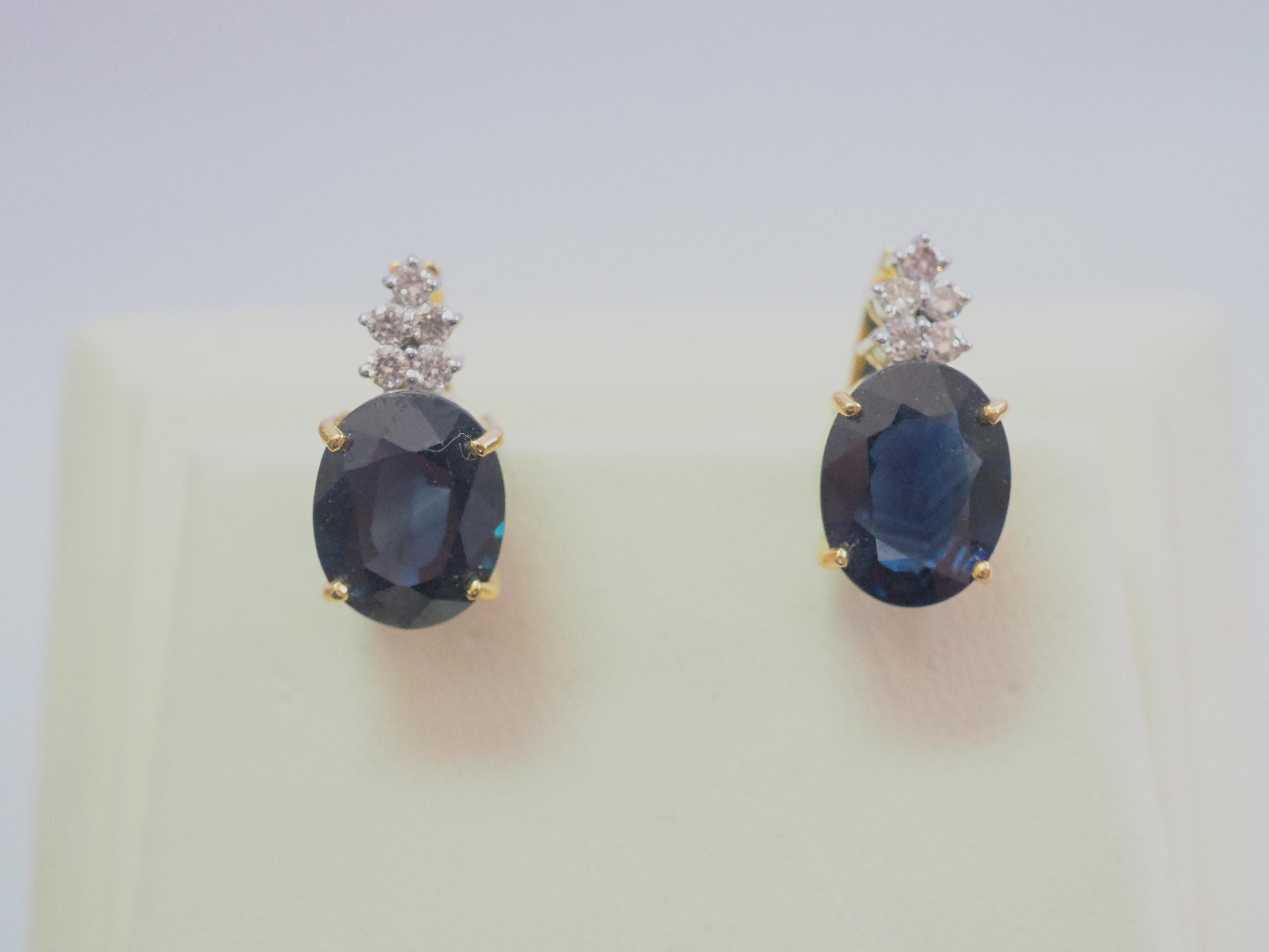 Presented here is a fine and gorgeous deep blue sapphire and diamond cocktail latch-back earrings. The oval deep blue sapphire has the color that is distinctive and dark tone with moderate saturation of blue which is at this size quite rare and