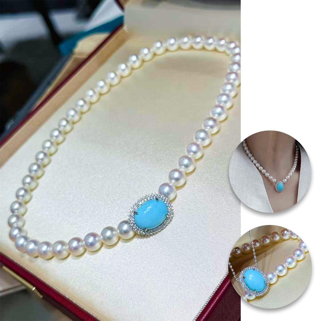 Grezzo Collana con ciondolo di diamanti e perle Akoya e turchesi in vendita