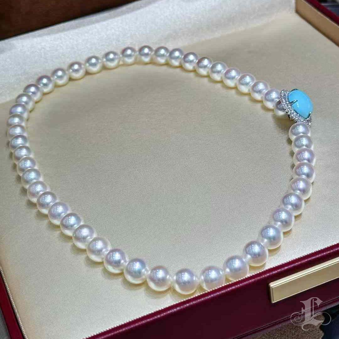 Collana con ciondolo di diamanti e perle Akoya e turchesi in vendita 2