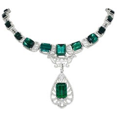 18K Gold 64.46 Carat Tourmalie and 5.73 Carat Diamond Choker Pendant Necklace