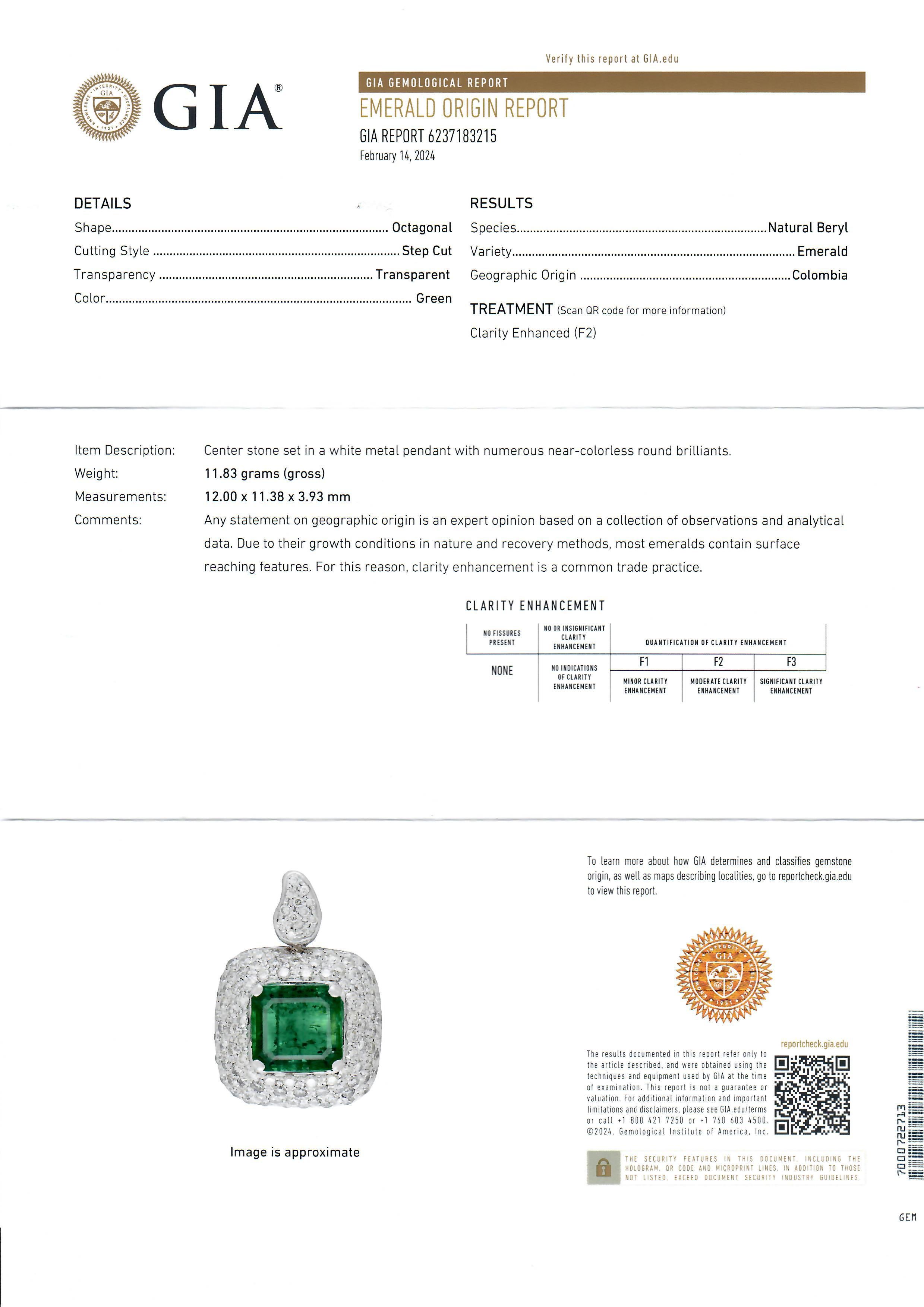 18k Gold 6.44ctw GIA Colombian Emerald & Diamond Halo Statement Pendant Necklace For Sale 4