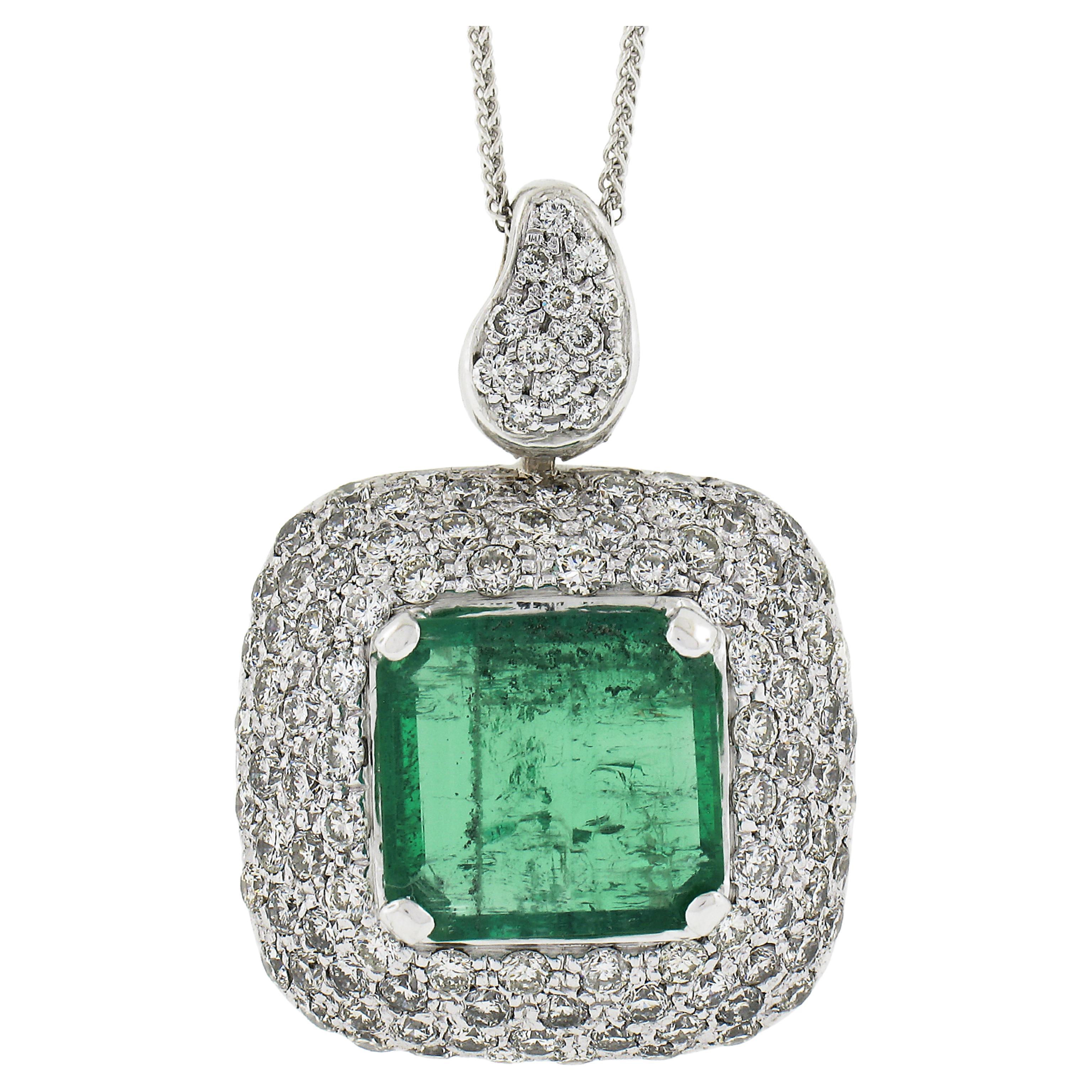 18k Gold 6.44ctw GIA Colombian Emerald & Diamond Halo Statement Pendant Necklace For Sale