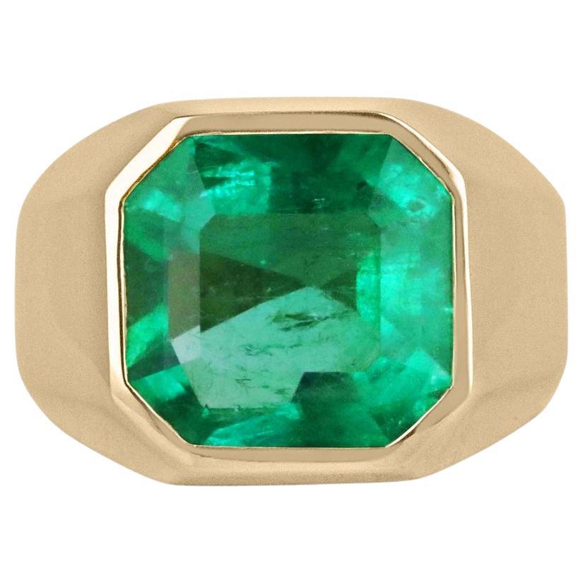 18K Gold 6.55cts Bezel Set Men's Colombian Emerald Solitaire Gypsy Signet Ring For Sale