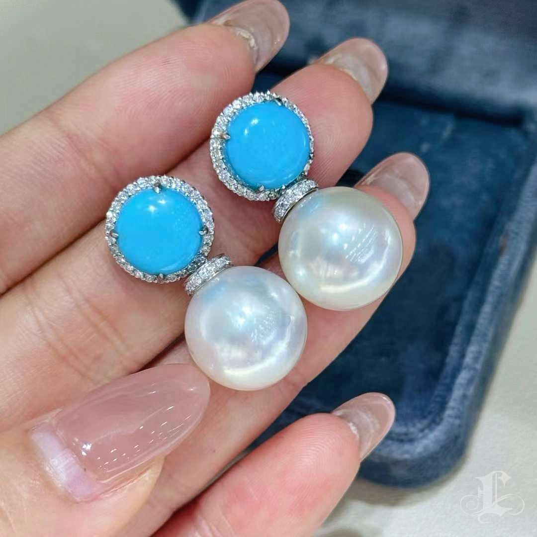 Donna Caelmare】 Orecchini convertibili 2 in 1 di perle dei mari del Sud e diamanti turchesi in vendita