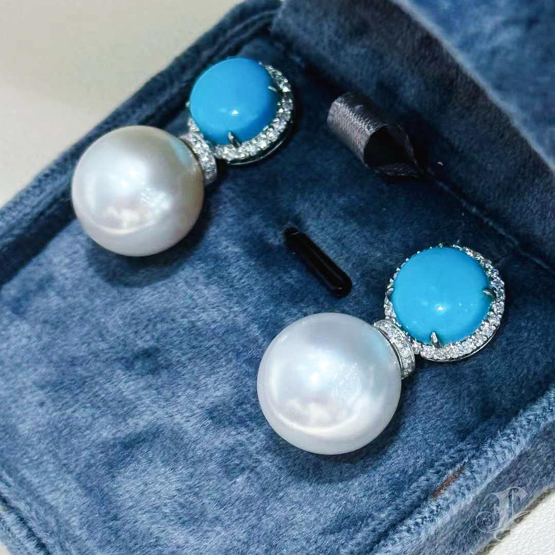 Caelmare】 Orecchini convertibili 2 in 1 di perle dei mari del Sud e diamanti turchesi in vendita 1