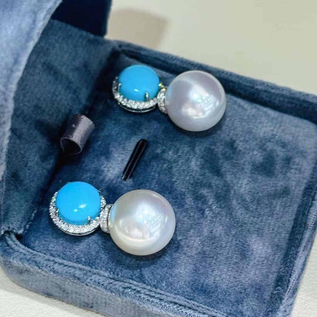 Caelmare】 Orecchini convertibili 2 in 1 di perle dei mari del Sud e diamanti turchesi in vendita 2