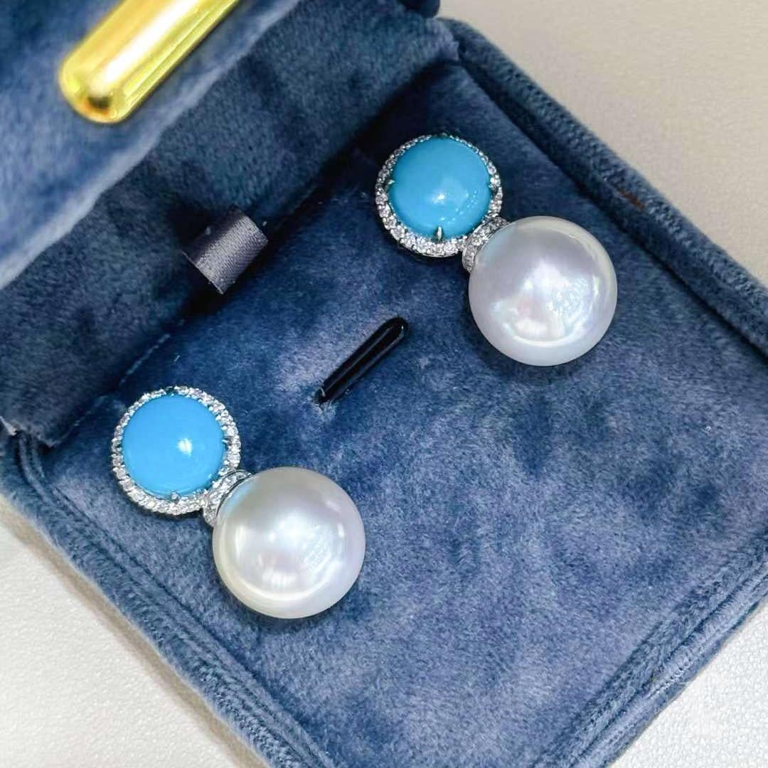 Caelmare】 Orecchini convertibili 2 in 1 di perle dei mari del Sud e diamanti turchesi in vendita 4