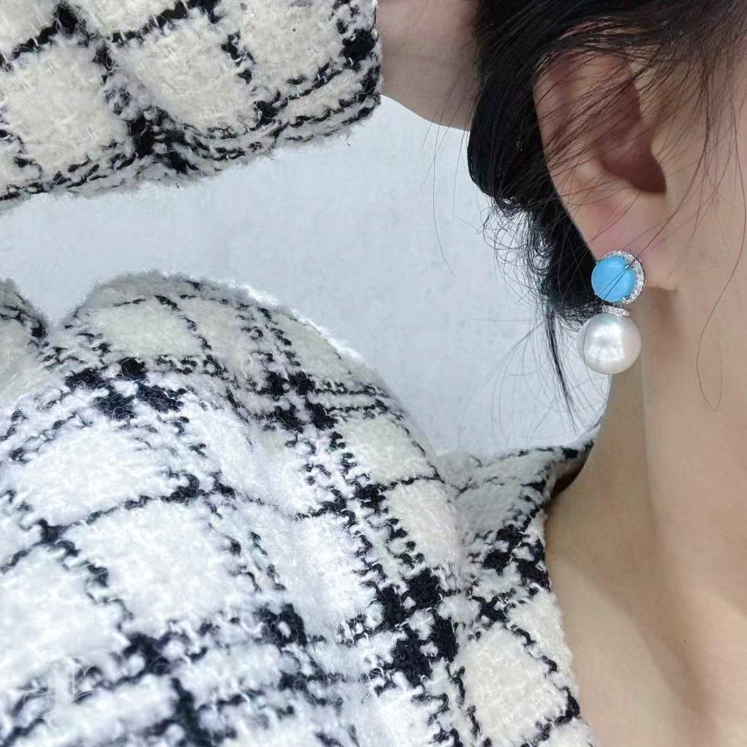 Caelmare】 Orecchini convertibili 2 in 1 di perle dei mari del Sud e diamanti turchesi in vendita 5