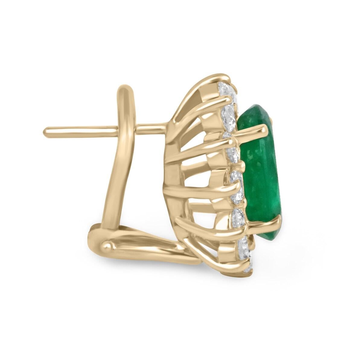 Prepare to be captivated by the sheer beauty of these stunning emerald diamond earrings. Showcasing over 5 carats of pure Colombian emerald goodness, the emeralds exude a remarkable dark, rich green color that is a testament to their fine quality. A