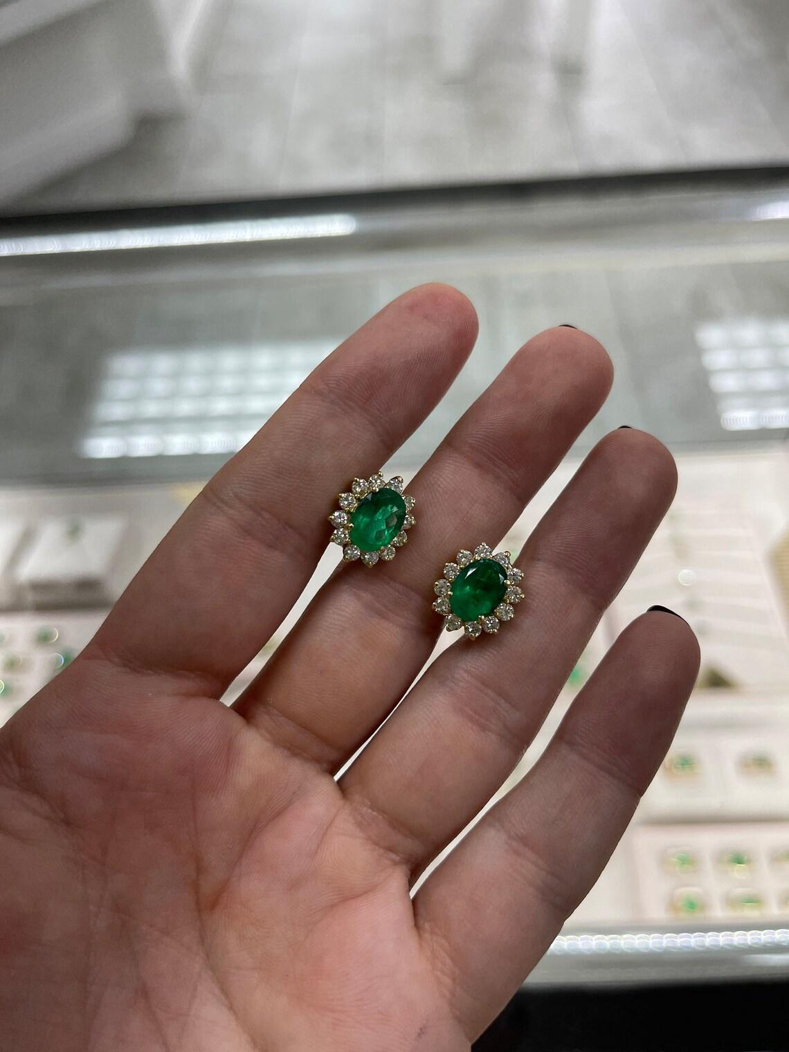 Oval Cut 18K Gold 6.60tcw Fine Colombian Emerald & Diamond Halo Earrings Dark Green Oval For Sale