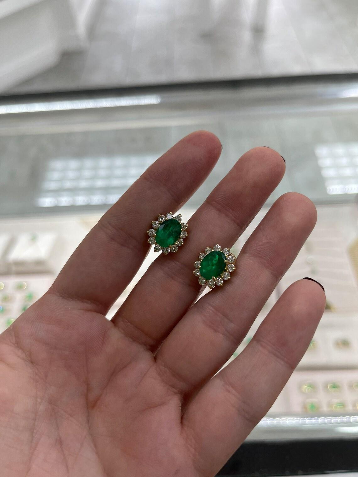 18K Gold 6.60tcw Fine Colombian Emerald & Diamond Halo Earrings Dark Green Oval In New Condition For Sale In Jupiter, FL