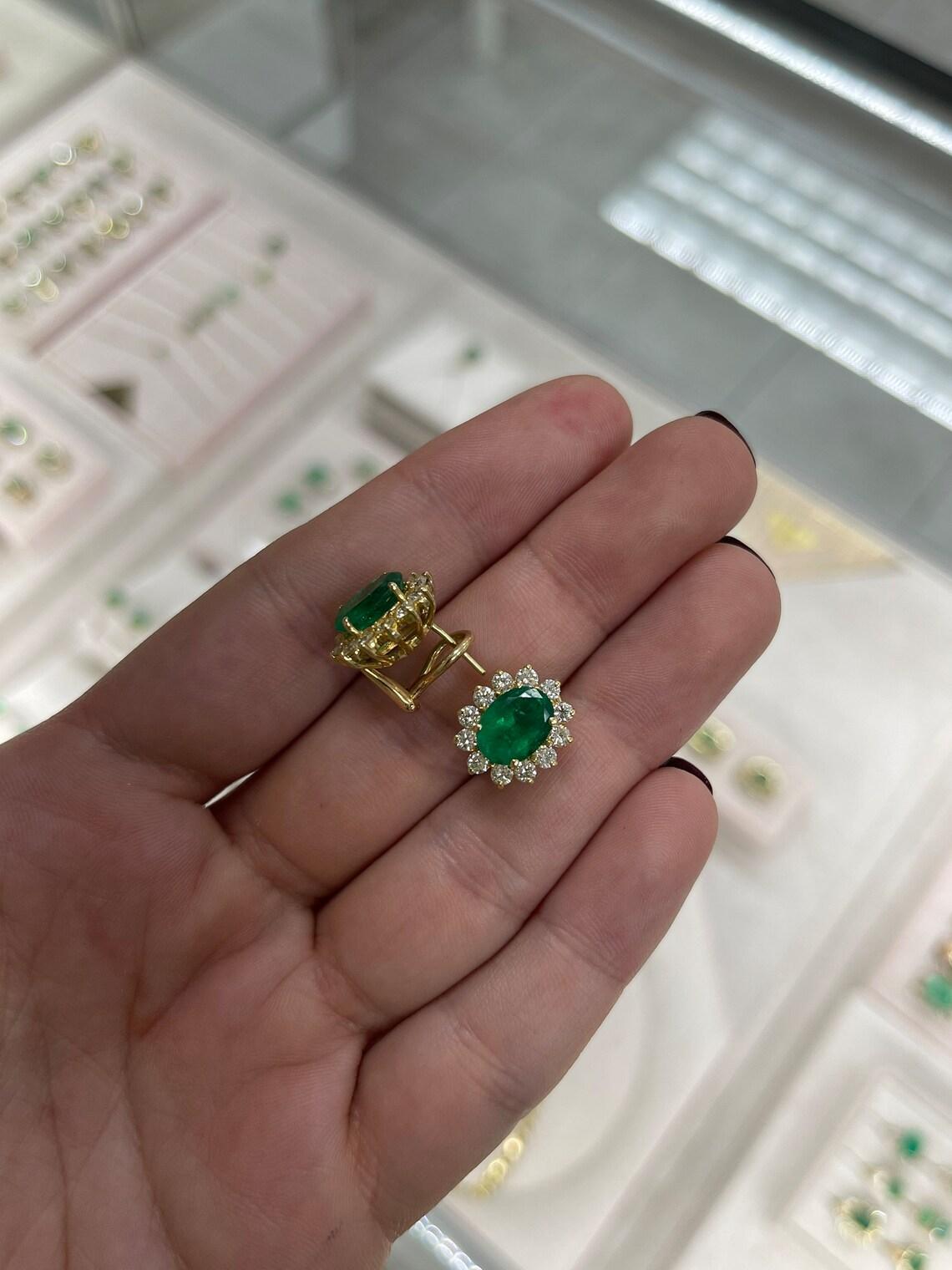 Women's 18K Gold 6.60tcw Fine Colombian Emerald & Diamond Halo Earrings Dark Green Oval For Sale
