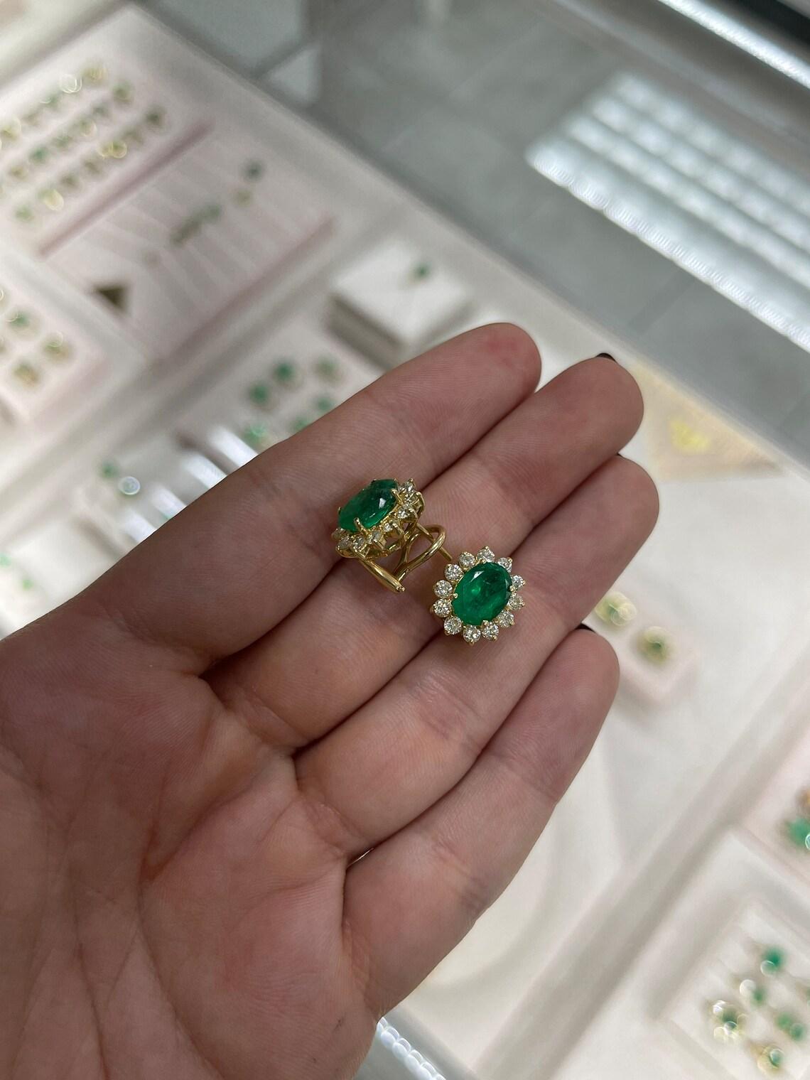 18K Gold 6.60tcw Fine Colombian Emerald & Diamond Halo Earrings Dark Green Oval For Sale 1