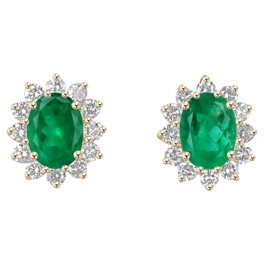 18K Gold 6.60tcw Fine Colombian Emerald & Diamond Halo Earrings Dark Green Oval For Sale