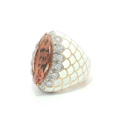 18k Gold 6.74ctw Marquise Morganite & Diamond White Enamel Wide Bombe Ring