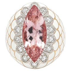18k Gold 6.74ctw Marquise Morganite & Diamond White Enamel Wide Bombe Ring