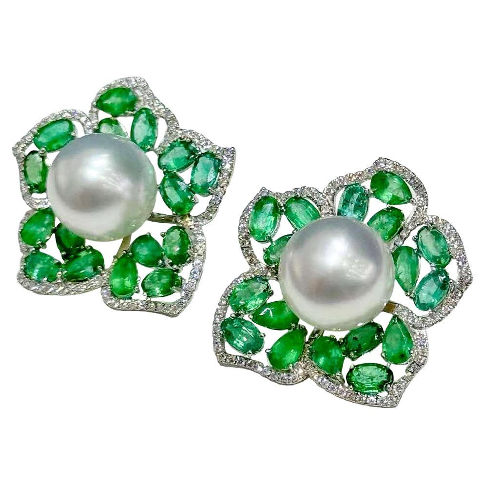 【Vine Symphony】Imperial Garden Aurora South Sea Pearl Emerald Earrings