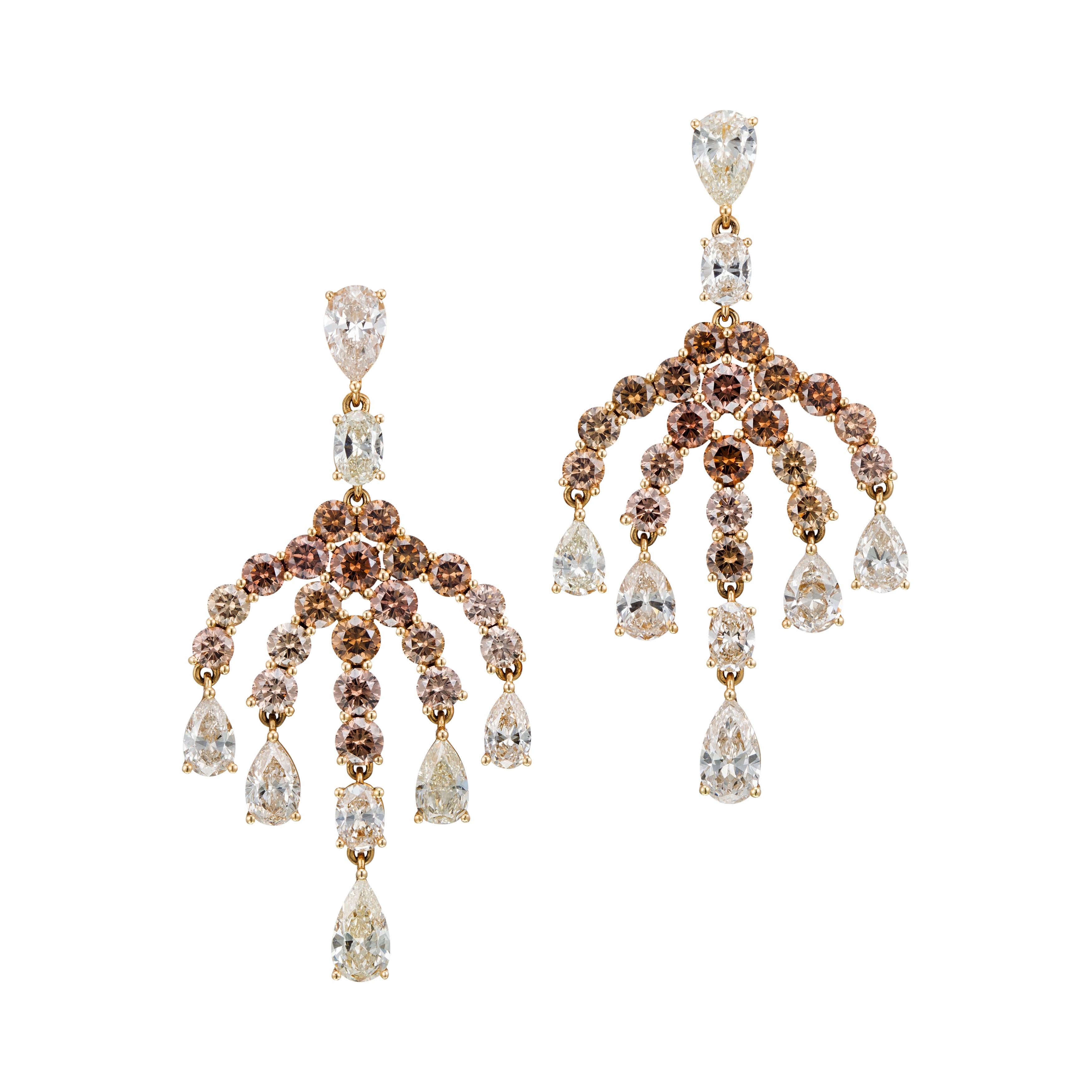 18K Gold 6.94 Carat Brown and 7.92 Carat White Diamond Earrings For Sale