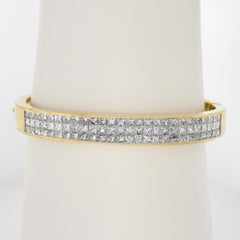 18K Gold 6ct Channel Set Princess Cut Diamond Hammered Hinged Bangle Bracelet