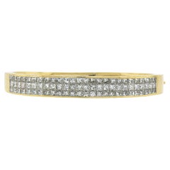 18K Gold 6ct Channel Set Princess Cut Diamond Hammered Hinged Bangle Bracelet
