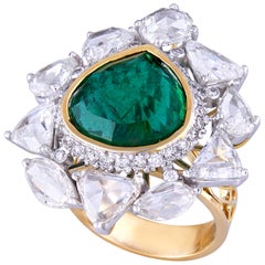 7.28 Carat Zambian Emerald  Diamond Rose Cut Diamond 18k Gold Cocktail Ring