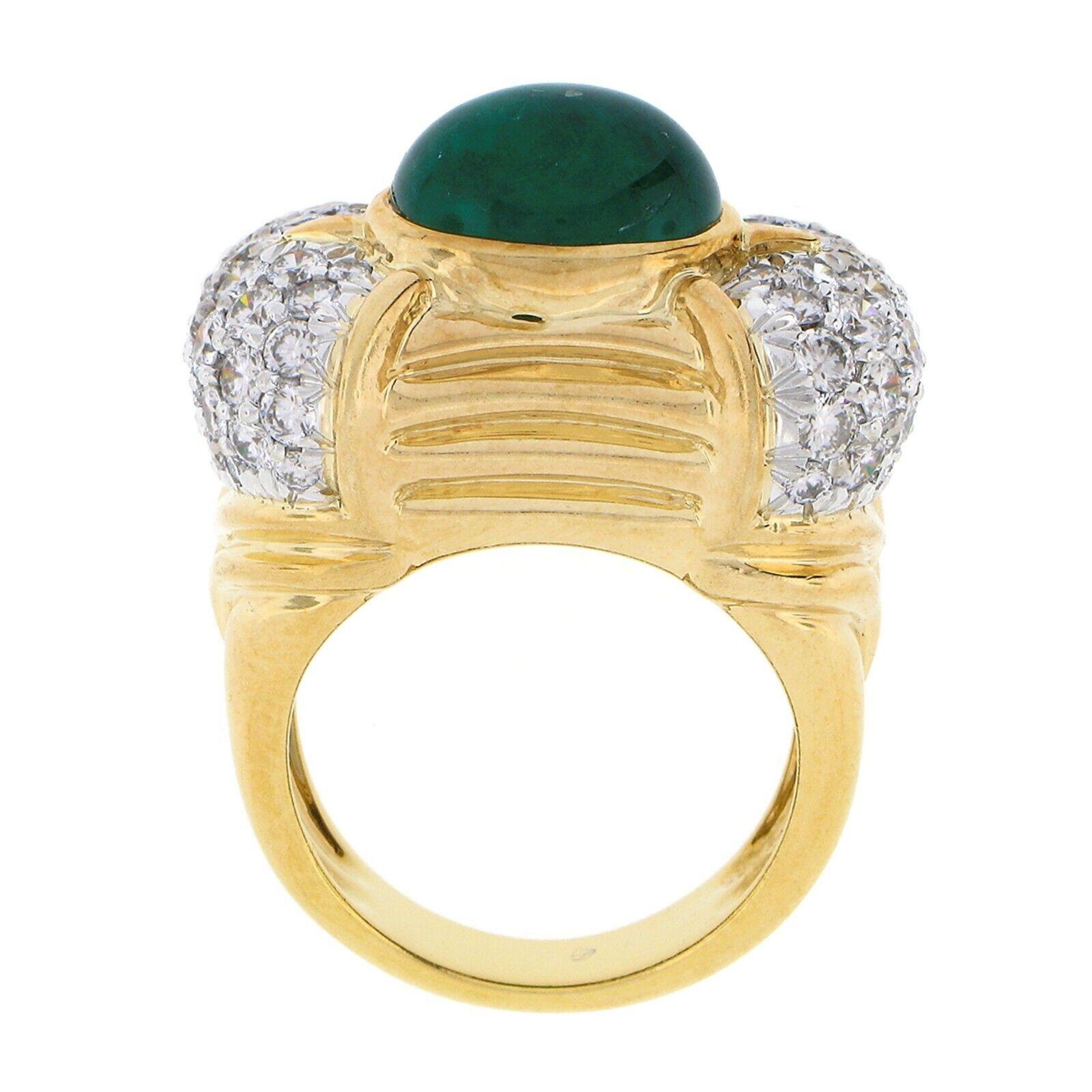 Women's 18K Gold 7.31ctw GIA Oval Cabochon Bezel Emerald & Pave Diamond Cocktail Ring For Sale