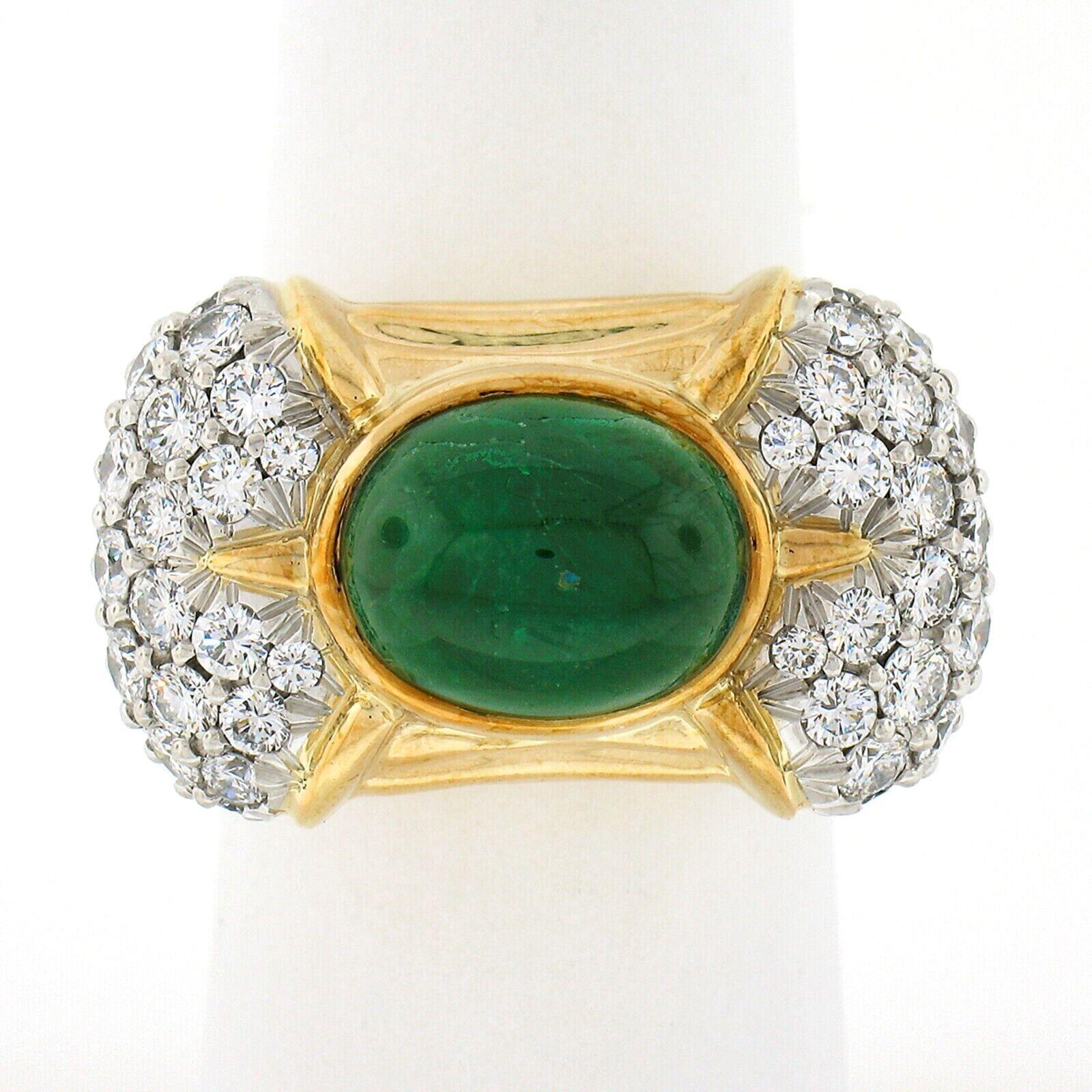 18K Gold 7.31ctw GIA Oval Cabochon Bezel Emerald & Pave Diamond Cocktail Ring For Sale 1