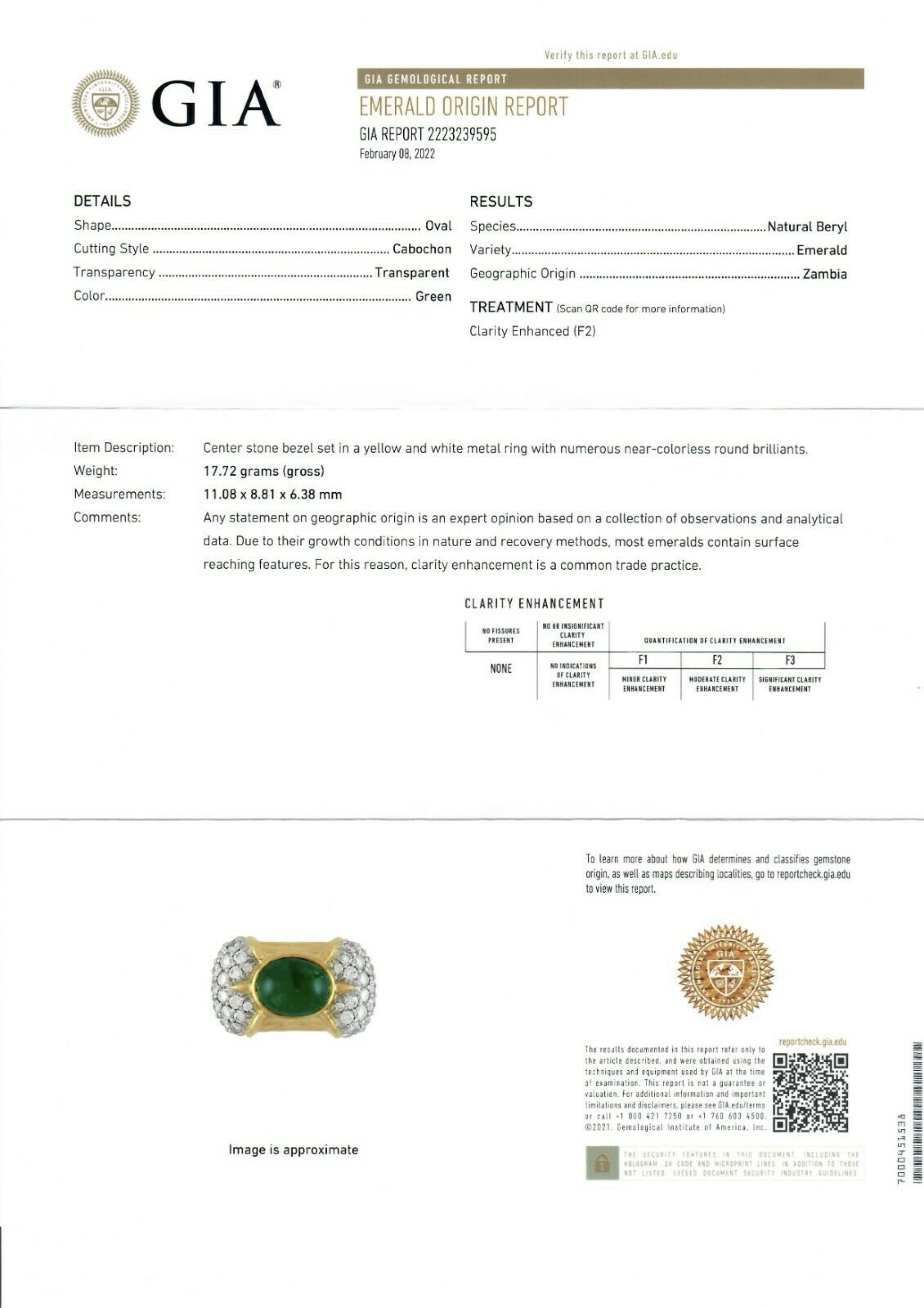 18K Gold 7.31ctw GIA Oval Cabochon Bezel Emerald & Pave Diamond Cocktail Ring For Sale 3