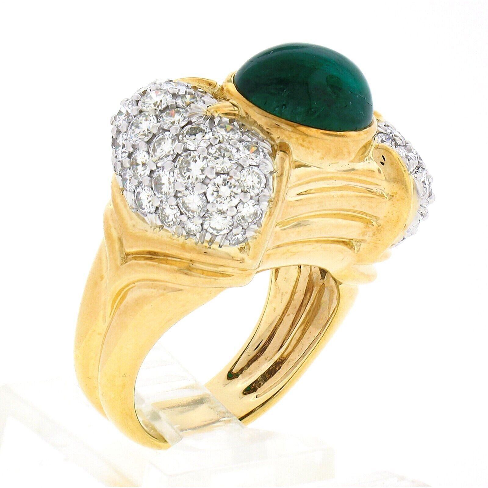 18K Gold 7.31ctw GIA Oval Cabochon Bezel Emerald & Pave Diamond Cocktail Ring For Sale 2