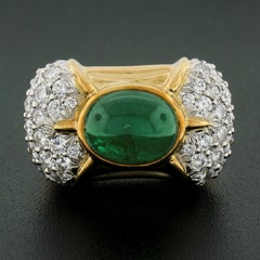 18K Gold 7.31ctw GIA Oval Cabochon Bezel Emerald & Pave Diamond Cocktail Ring