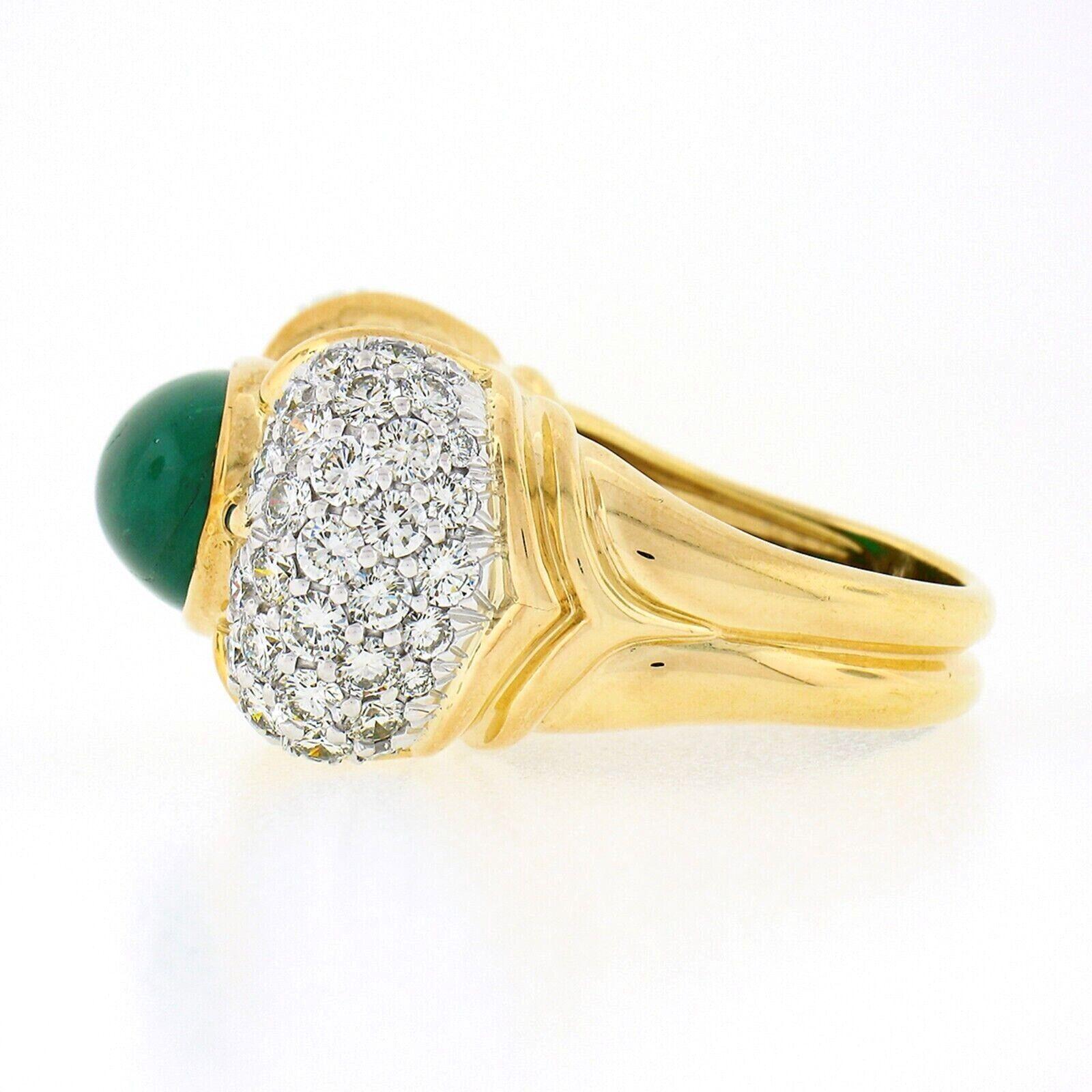 Oval Cut 18K Gold 7.31ctw GIA Oval Cabochon Bezel Emerald & Pave Diamond Cocktail Ring For Sale