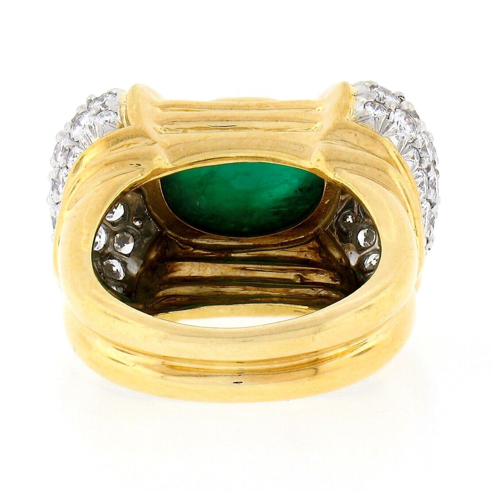 18K Gold 7.31ctw GIA Oval Cabochon Bezel Emerald & Pave Diamond Cocktail Ring In Good Condition For Sale In Montclair, NJ