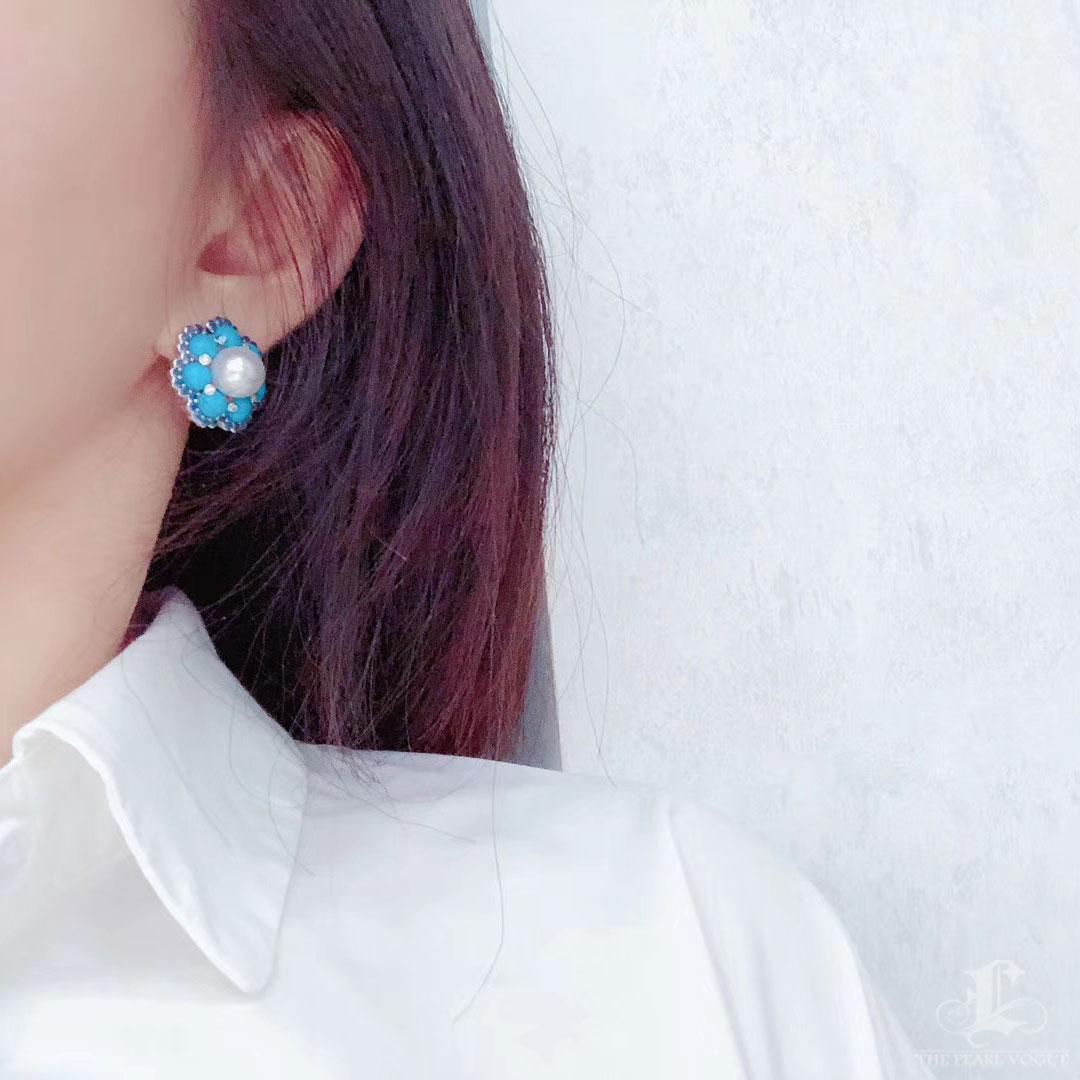 Uncut 【Caelmare】Azure Bloom Aurora South Sea Pearl Turquoise Sapphire Earrings For Sale