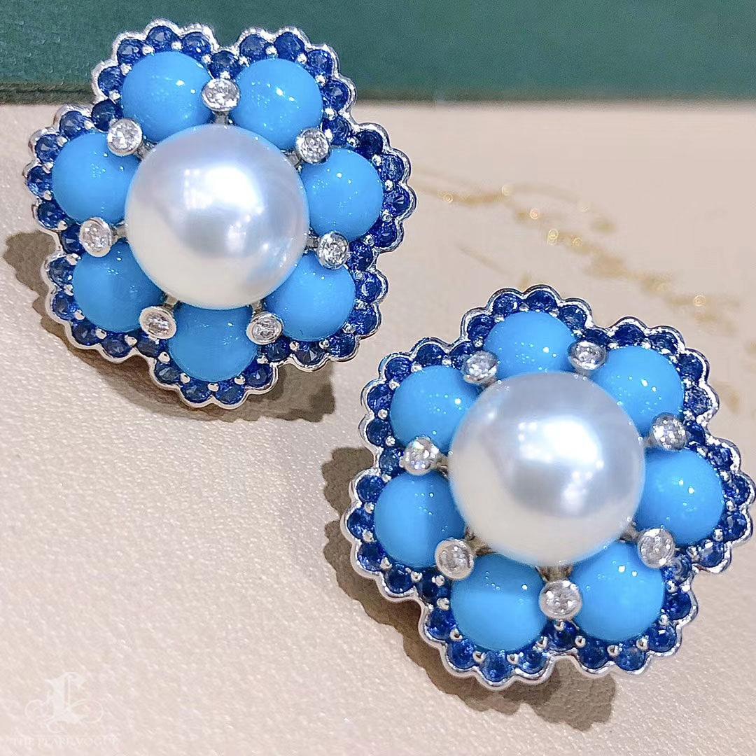 【Caelmare】Azure Bloom Aurora South Sea Pearl Turquoise Sapphire Earrings In New Condition For Sale In New York, NY