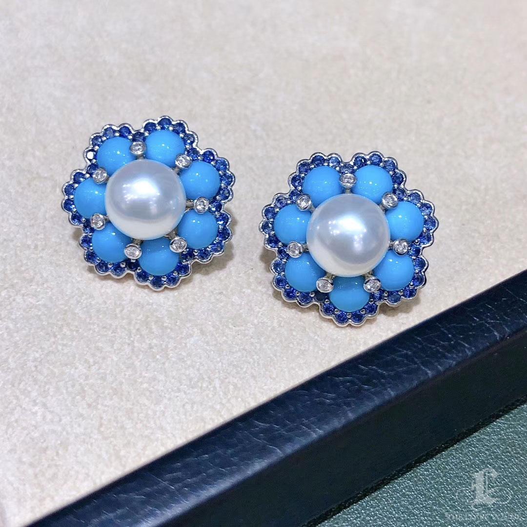 Women's 【Caelmare】Azure Bloom Aurora South Sea Pearl Turquoise Sapphire Earrings For Sale