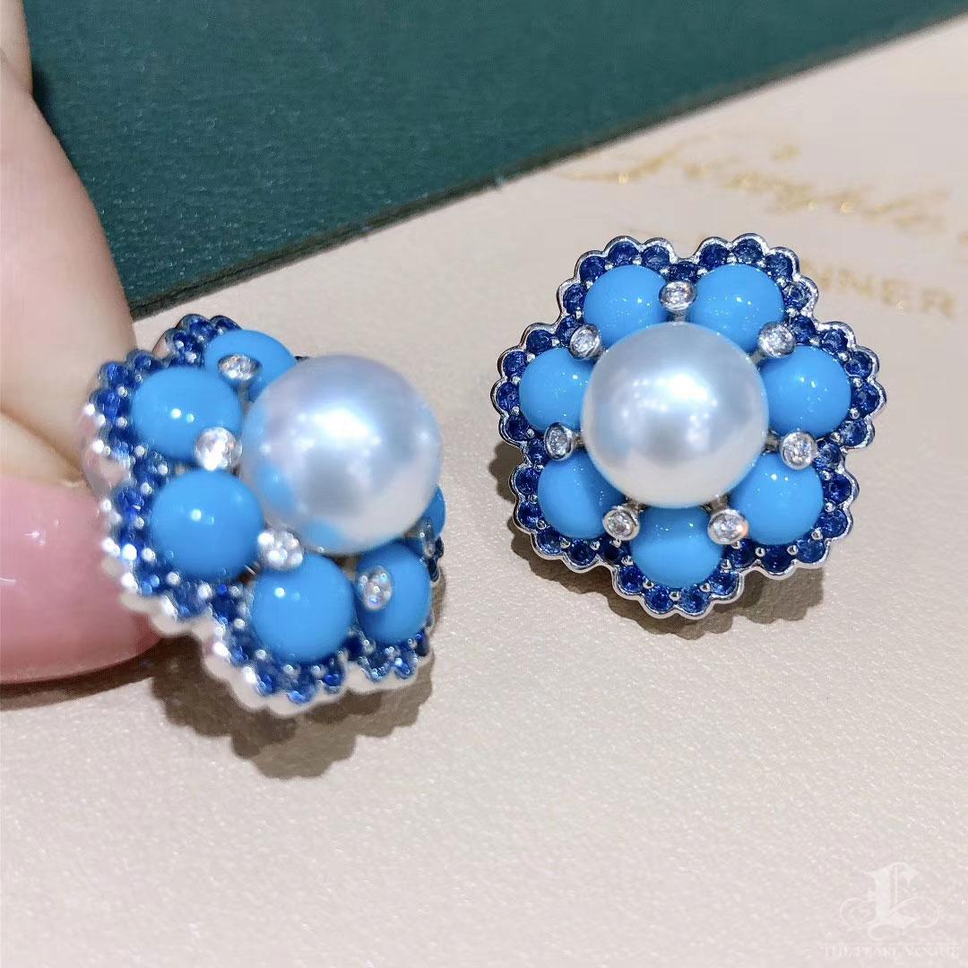 【Caelmare】Azure Bloom Aurora South Sea Pearl Turquoise Sapphire Earrings For Sale 1