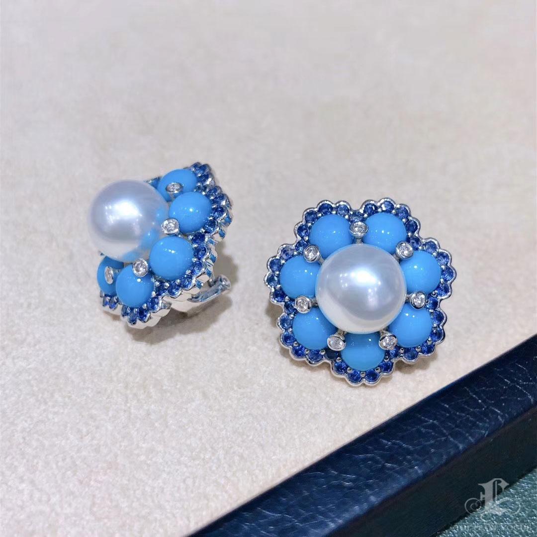 【Caelmare】Azure Bloom Aurora South Sea Pearl Turquoise Sapphire Earrings For Sale 3