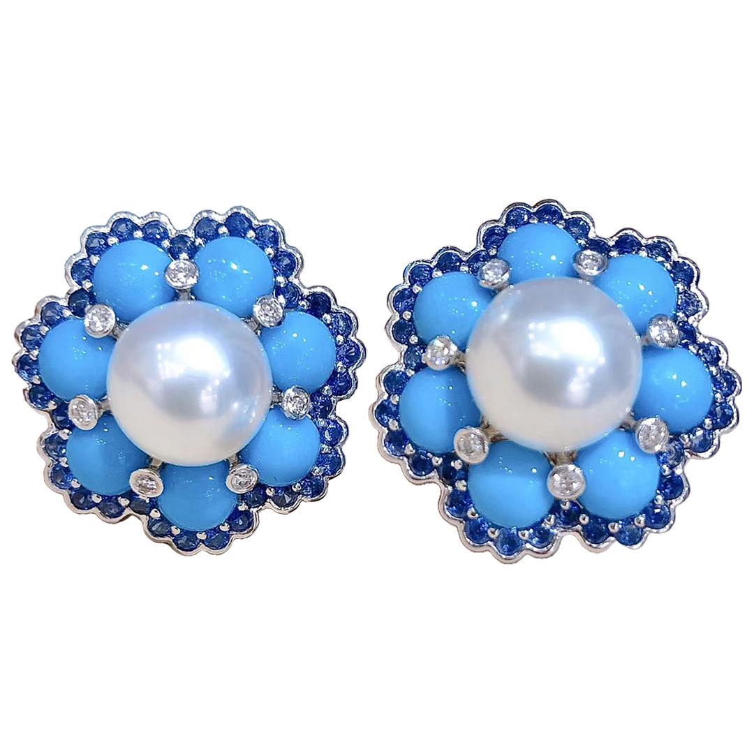 【Caelmare】Azure Bloom Aurora South Sea Pearl Turquoise Sapphire Earrings For Sale 4