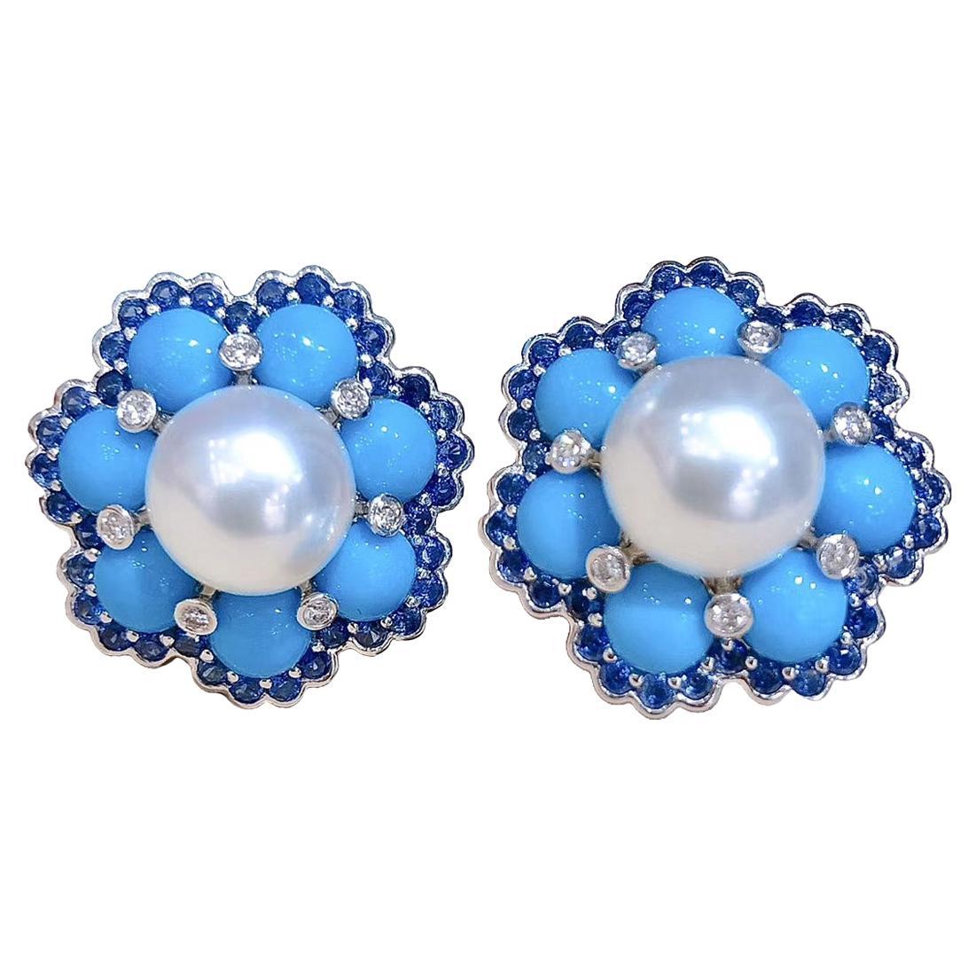 【Caelmare】Azure Bloom Aurora South Sea Pearl Turquoise Sapphire Earrings