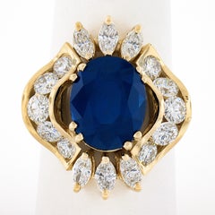 18K Gold 7.72ct GIA Large Oval Sapphire w/ Round Marquise Diamond Cocktail Ring