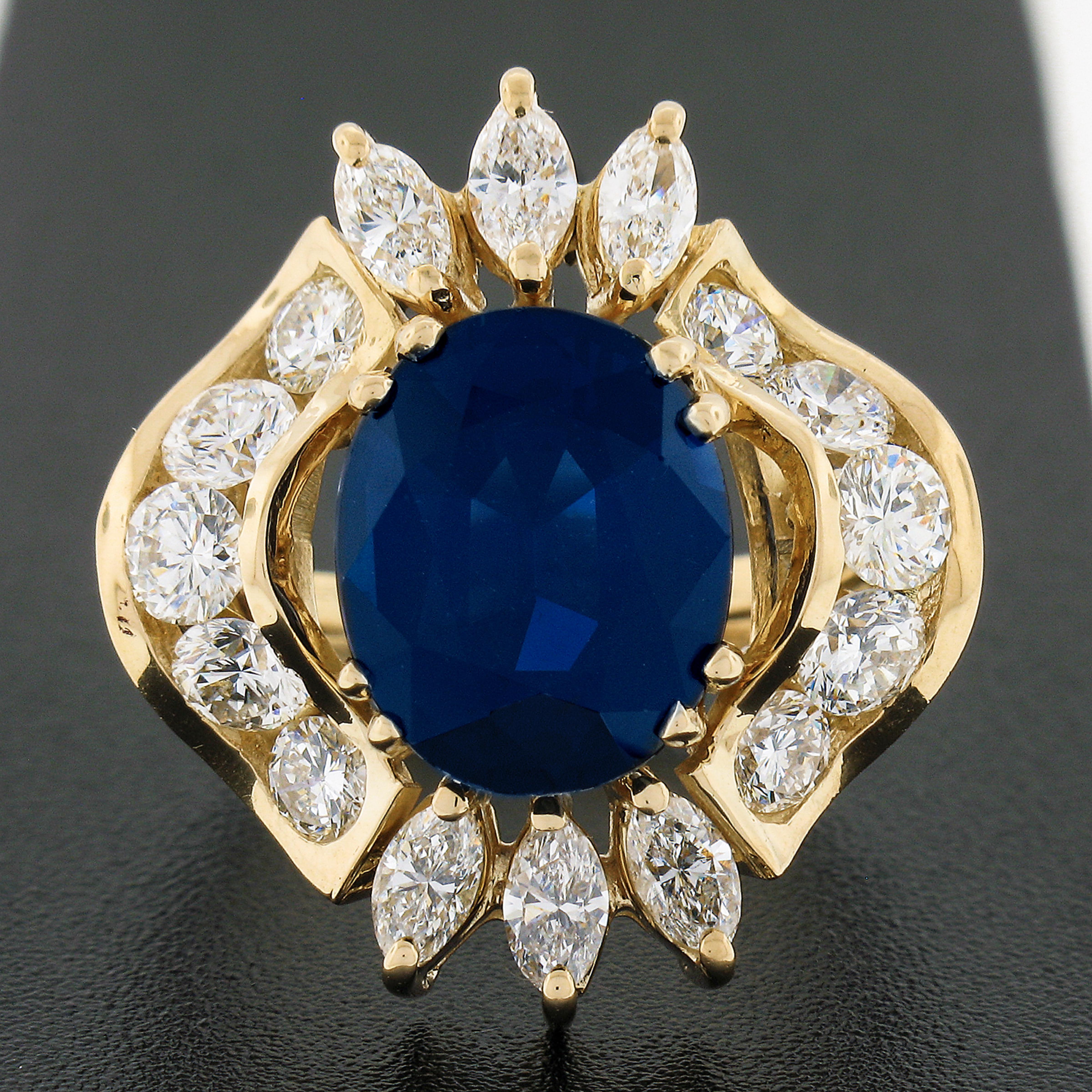 Oval Cut 18K Gold 7.72ct GIA Large Oval Sapphire w/ Round Marquise Diamond Cocktail Ring For Sale