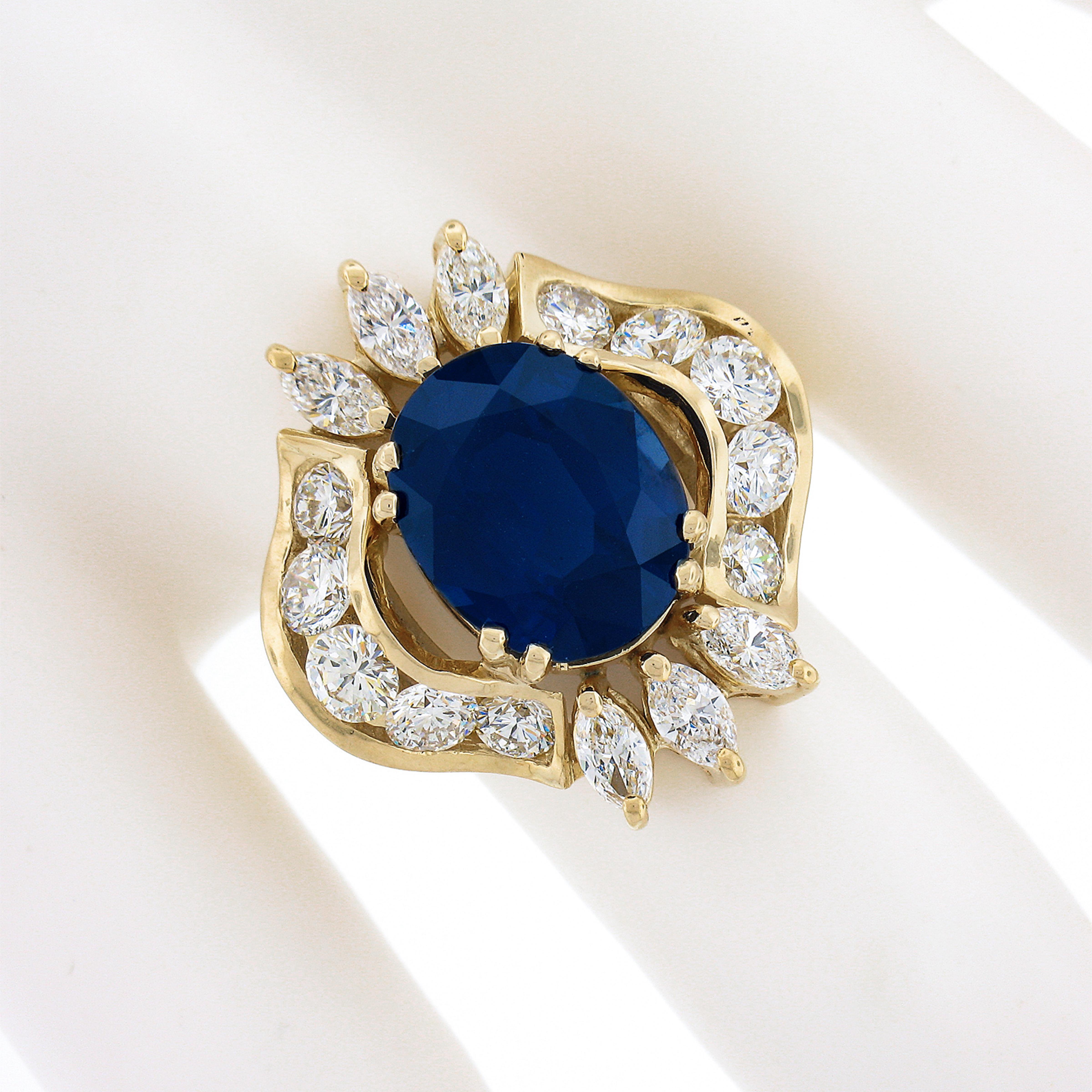 18K Gold 7.72ct GIA Large Oval Sapphire w/ Round Marquise Diamond Cocktail Ring In Excellent Condition For Sale In Montclair, NJ