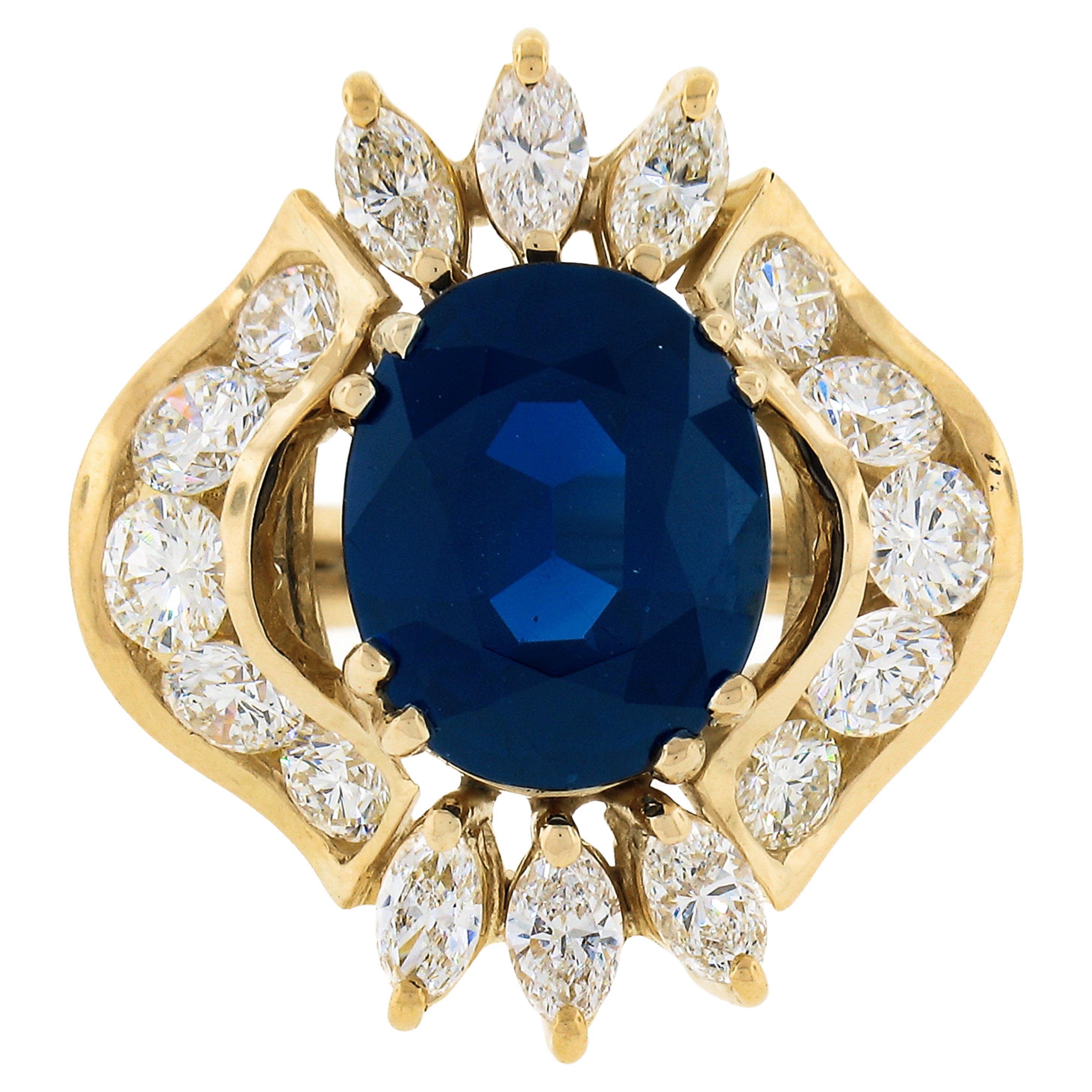 18K Gold 7.72ct GIA Large Oval Sapphire w/ Round Marquise Diamond Cocktail Ring For Sale