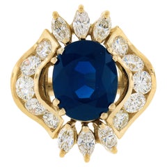 18K Gold 7.72ct GIA Large Oval Sapphire w/ Round Marquise Diamond Cocktail Ring