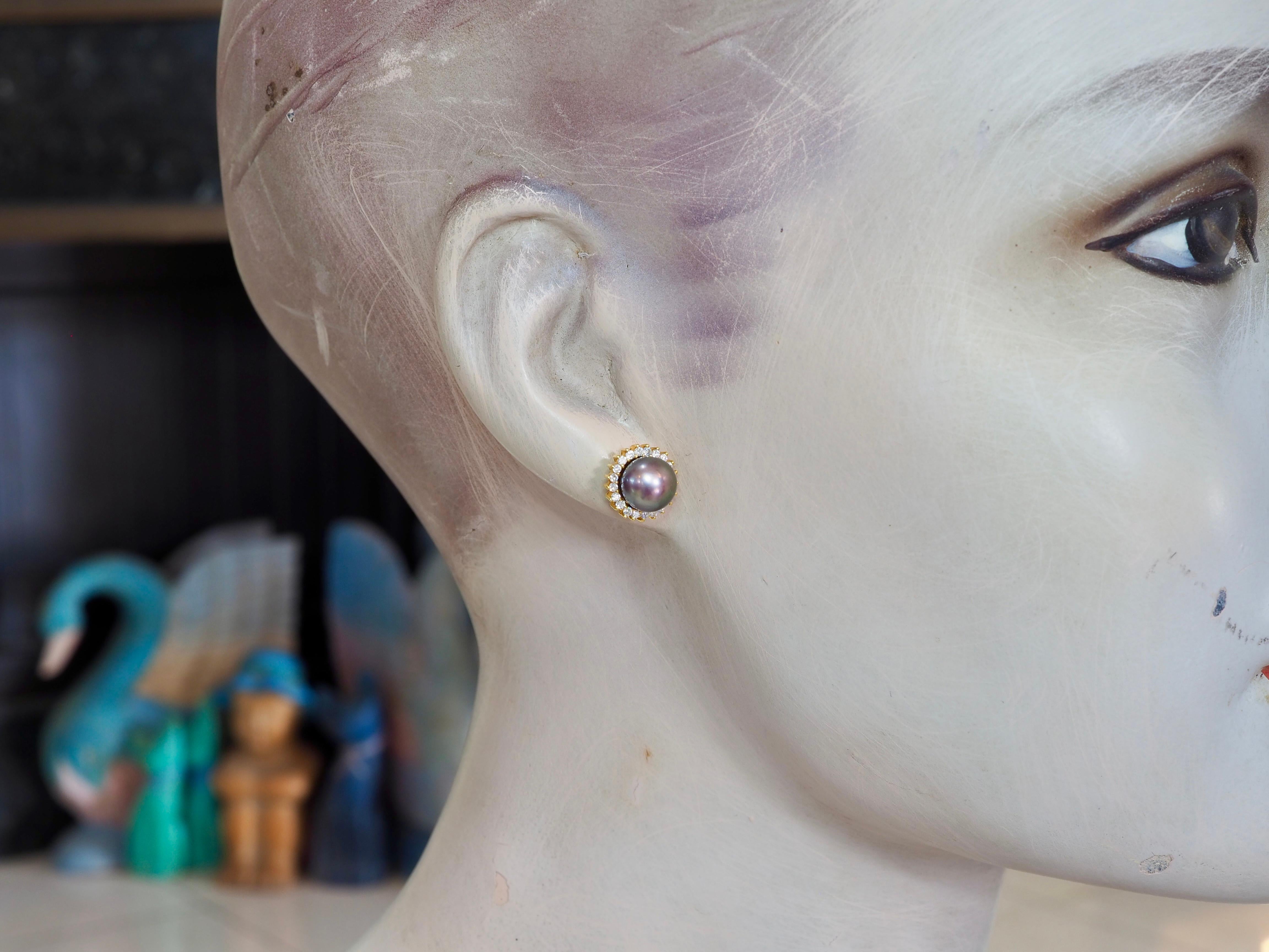 18K Gold 7.8mm Tahiti Pearl & 0.46ct Diamond Halo Stud Earrings For Sale 2